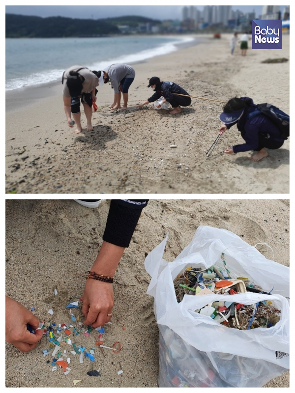 맨발로 걸으며 바닷가 쓰레기 줍기. 끝없는 플라스틱 쓰레기. ⓒ노미정