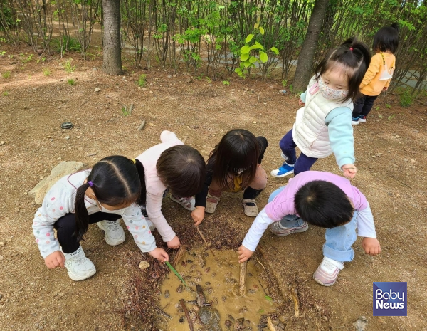 자연에서 만난 흙과 나무를 하염없이 탐구하는 아이들. 아이들의 뇌는 본능적으로 발달에 유리한 행동을 추구하게 설계돼있다. ⓒ김영명