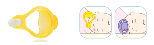 이른둥이용 노리개젖꼭지. 이 제품은 통기구가 1개인 것이 특징인데, 아기가 검사 받을 때 옆으로 누울 수 있는 경우를 감안해 만들었기 때문이다. 하지만, 현재 규정상 통기구가 1개인 이 제품은 정식으로 수입할 수 없는 상황이다. ⓒ더블하트