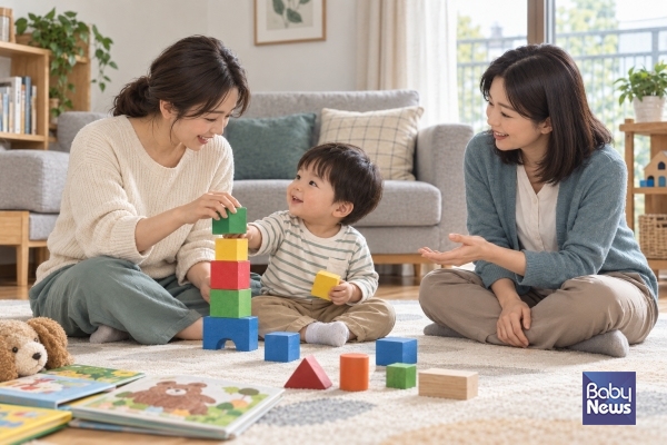 부모가 일상생활에서 아동의 발달을 지원할 수 있도록 전문가가 안내하는 가정 방문 양육코칭 예시. 생성형 AI로 만든 이미지). ⓒ한국장애인개발원